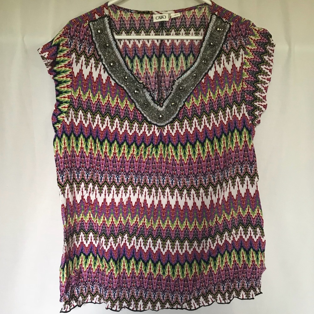 Cato Jeweled V-Neck Blouse Aztec Geometric Top
